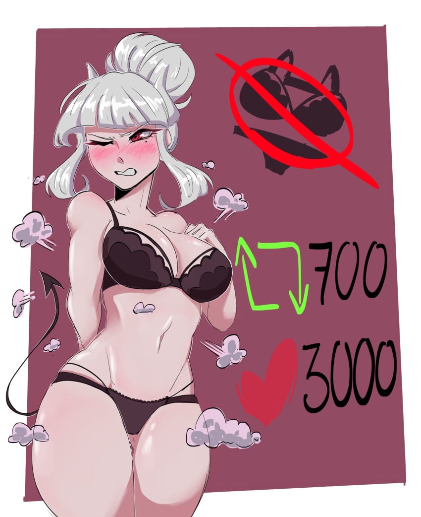 1girls belly black_bra black_panties blush bra breasts female female_focus female_only hand_on_breast helltaker light-skinned_female light_skin lucifer_(helltaker) mole mole_under_eye navel notherd one_eye_closed panties shirt_removed solo solo_female solo_focus stomach strip_game succubus succubus_horns succubus_tail thighs tummy twitter_strip_game_(meme) waist white_hair white_hair_female