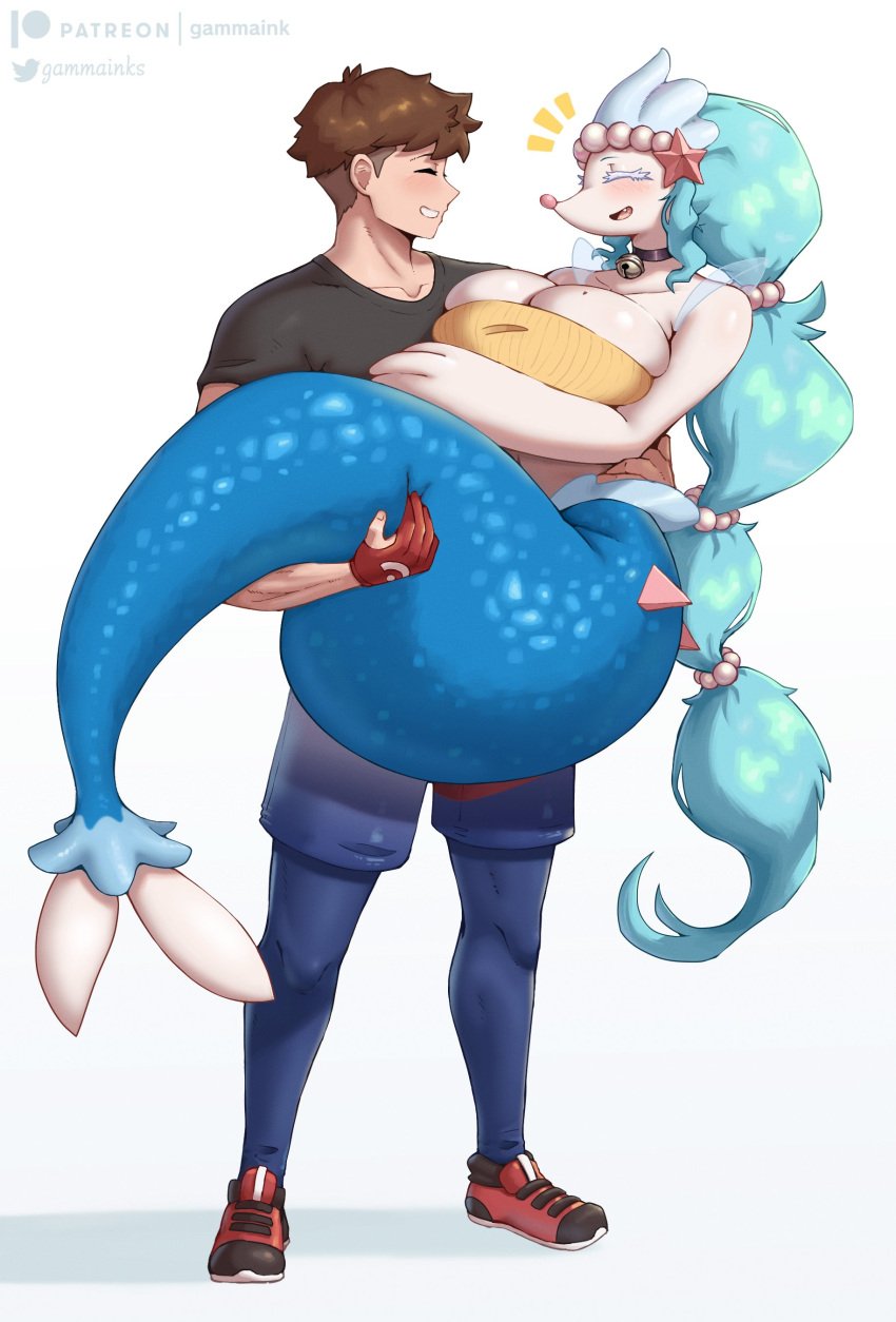 1boy 1girls artist_website bell_choker big_breasts blush brown_hair carrying carrying_partner choker cleavage closed_eyes female gammainks generation_7_pokemon hi_res human human_on_anthro janet_(gammainks) male male_human/female_anthro mermaid mole mole_on_breast nintendo pokemon pokemon_(species) primarina smiling topwear white_background wholesome