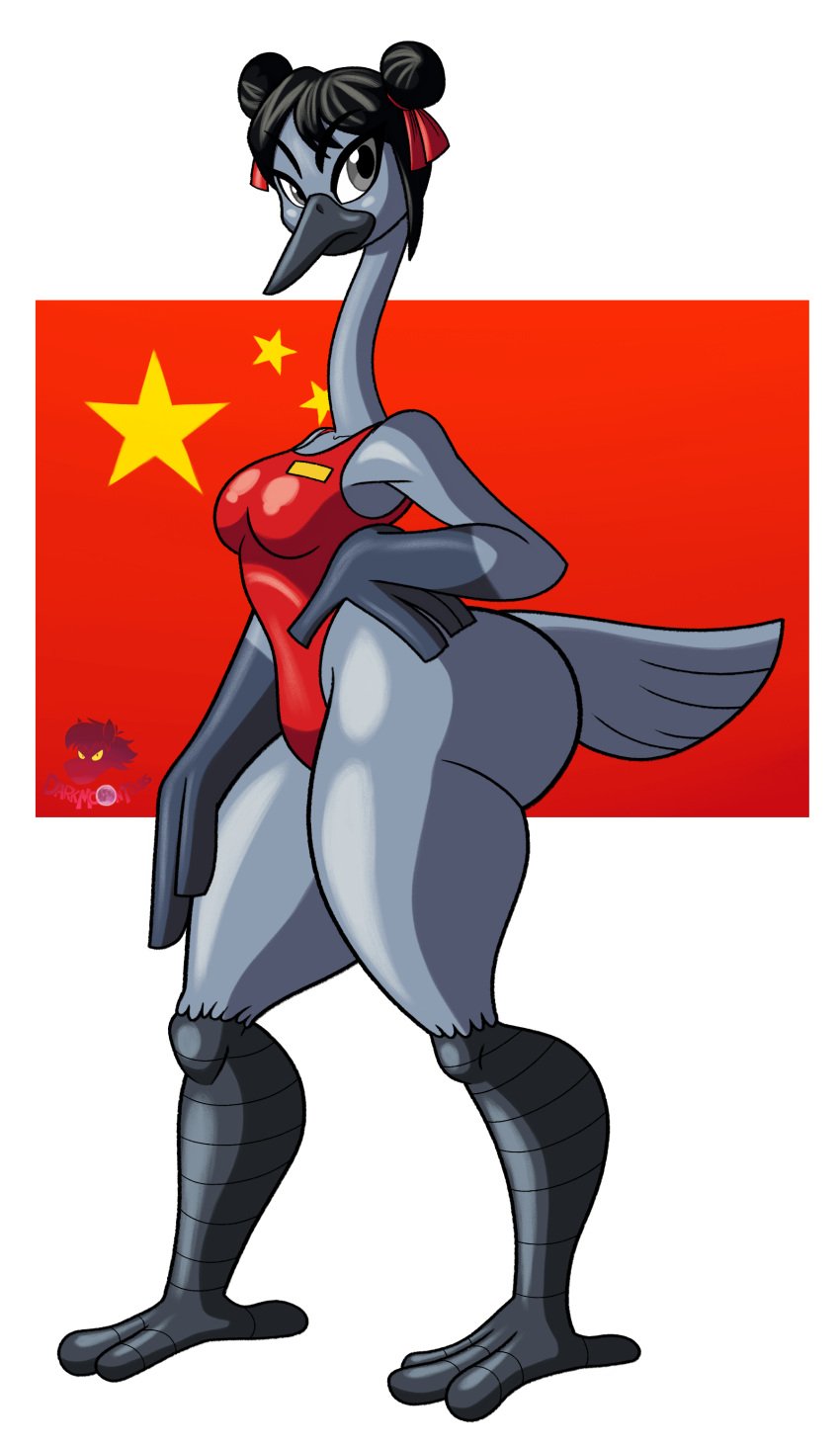 2020s 2021 absurd_res alpha_channel anthro artist_logo artist_name ass avian avian_feet avian_humanoid barefoot beak big_ass big_butt bird bird_feet bird_girl bird_humanoid bird_tail black_hair blu3danny border breasts chinese_flag clothed clothing collaboration crane_(bird) darkmoontoons digital_drawing_(artwork) digital_media_(artwork) feathers feet female female_only grey_body grey_eyes grey_feathers grey_fur gruiform hair hair_bun hair_buns hand_on_hip hand_on_own_hip hi_res huge_ass huge_butt looking_at_viewer oc one-piece_swimsuit original_character signature solo standing swimmer swimwear tansau thick_thighs transparent_border