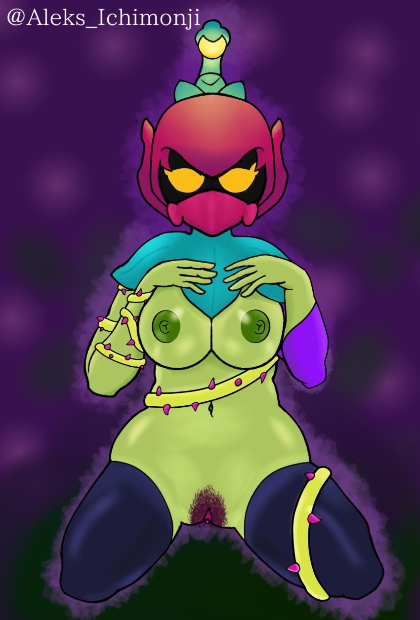 aleks_ichimonji anthro big_breasts brawl_stars breasts digital_media_(artwork) exposed_breasts faceless_character female functionally_nude functionally_nude_female green_skin hairy_pussy hands_on_breasts legwear lily_(brawl_stars) looking_at_viewer mouthless nipples no_mouth partially_clothed plant plant_girl pubic_hair pussy simple_background solo solo_female tagme tagme_(artist) thick_thighs thighs yellow_eyes