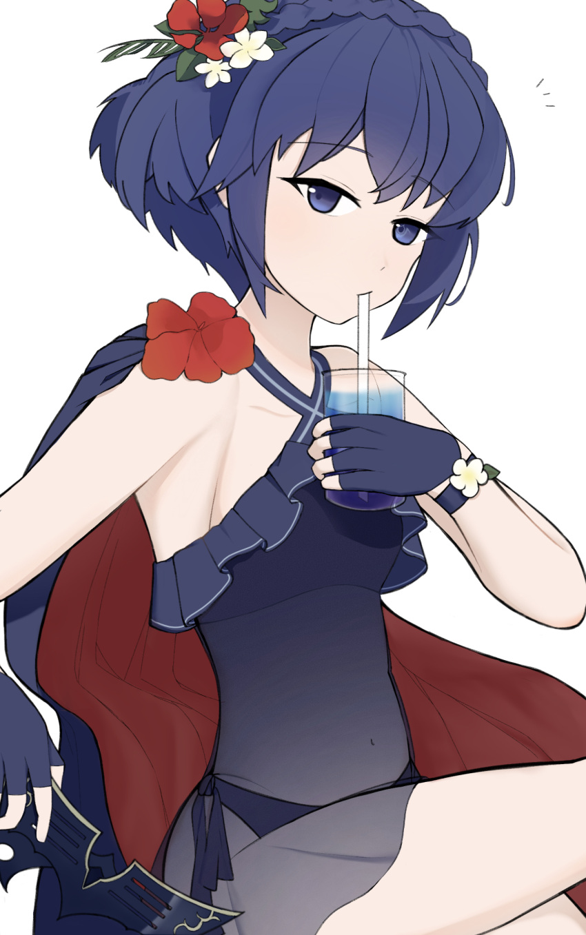 1girls alternate_costume alternate_hairstyle bikini blue_bikini blue_eyes blue_hair blue_swimsuit brand_of_the_exalt cape crossed_legs drink drinking female female_only fire_emblem fire_emblem_awakening fire_emblem_heroes holding_object looking_at_viewer lucina_(fire_emblem) lucina_(summer)_(fire_emblem) marth_(fire_emblem_awakening) mask nintendo nonmajime official_alternate_costume official_alternate_hairstyle see-through see-through_clothing sideboob simple_background small_breasts solo swimsuit symbol-shaped_pupils thighs white_background