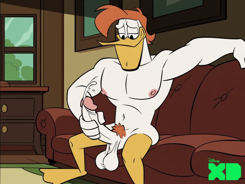 ai_generated anthro ass avian butt couch cum cumshot disney duck ducktales ducktales_(2017) ejaculation erection fake_screenshot feet furry hair launchpad_mcquack living_room logo male masturbation nipples nude orange_hair pecs penis pubic_hair sagging_balls screencap sitting smile solo solo_male stable_diffusion webbed