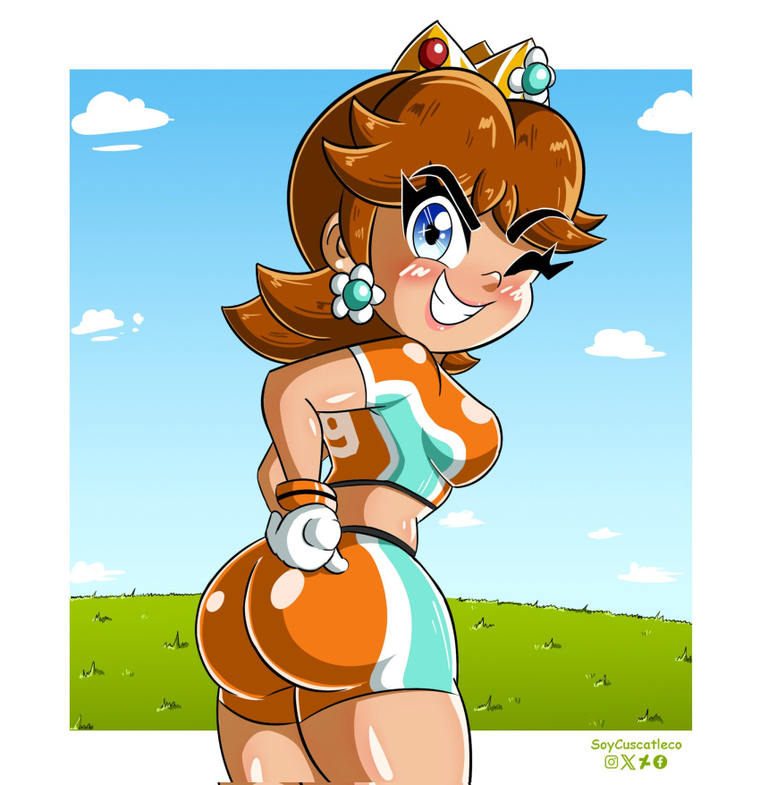 1girls ass big_ass big_breasts blue_eyes breasts brown_hair busty daisy's_hot_stuff_(trend) fat_ass female female_only gloves grin hand_on_hip highres huge_ass large_breasts legs looking_at_viewer looking_back mario_(series) mario_strikers midriff nintendo orange_shorts pink_lips princess_daisy short_hair shorts sideboob smile soccer soccer_uniform solo soycuscatleco sportswear thick_thighs thighs