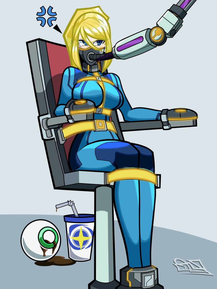 aceliuszid blonde_hair blue_eyes bondage bound bound_hands chair_bondage collar feeding_tube female female_only femsub forced_feeding fully_clothed gag mechanical_fixation metal_collar metroid png samus_aran stationary_restraints steel_bondage tight_clothing zero_suit zero_suit_samus