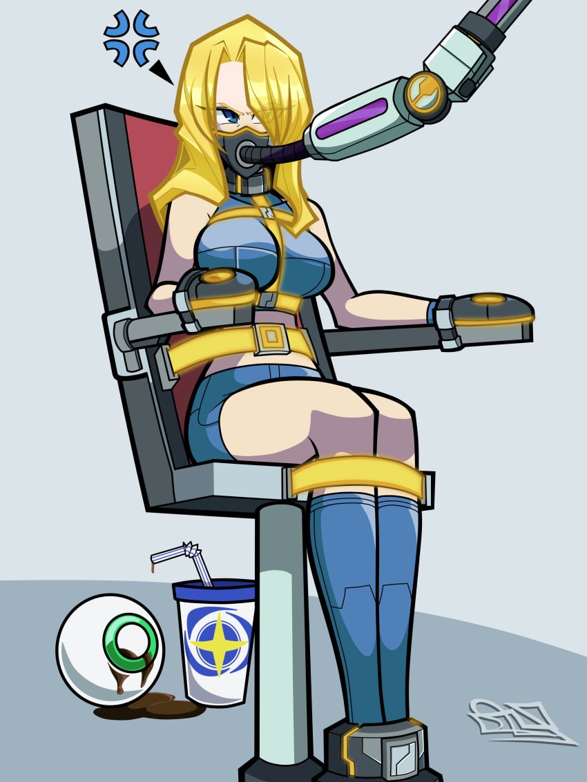 aceliuszid blonde_hair blue_eyes bondage bound bound_hands chair_bondage collar feeding_tube female female_only femsub forced_feeding fully_clothed gag mechanical_fixation metal_collar metroid midriff midriff_baring_shirt png samus_aran shorts stationary_restraints steel_bondage tight_clothing variant zero_suit_samus