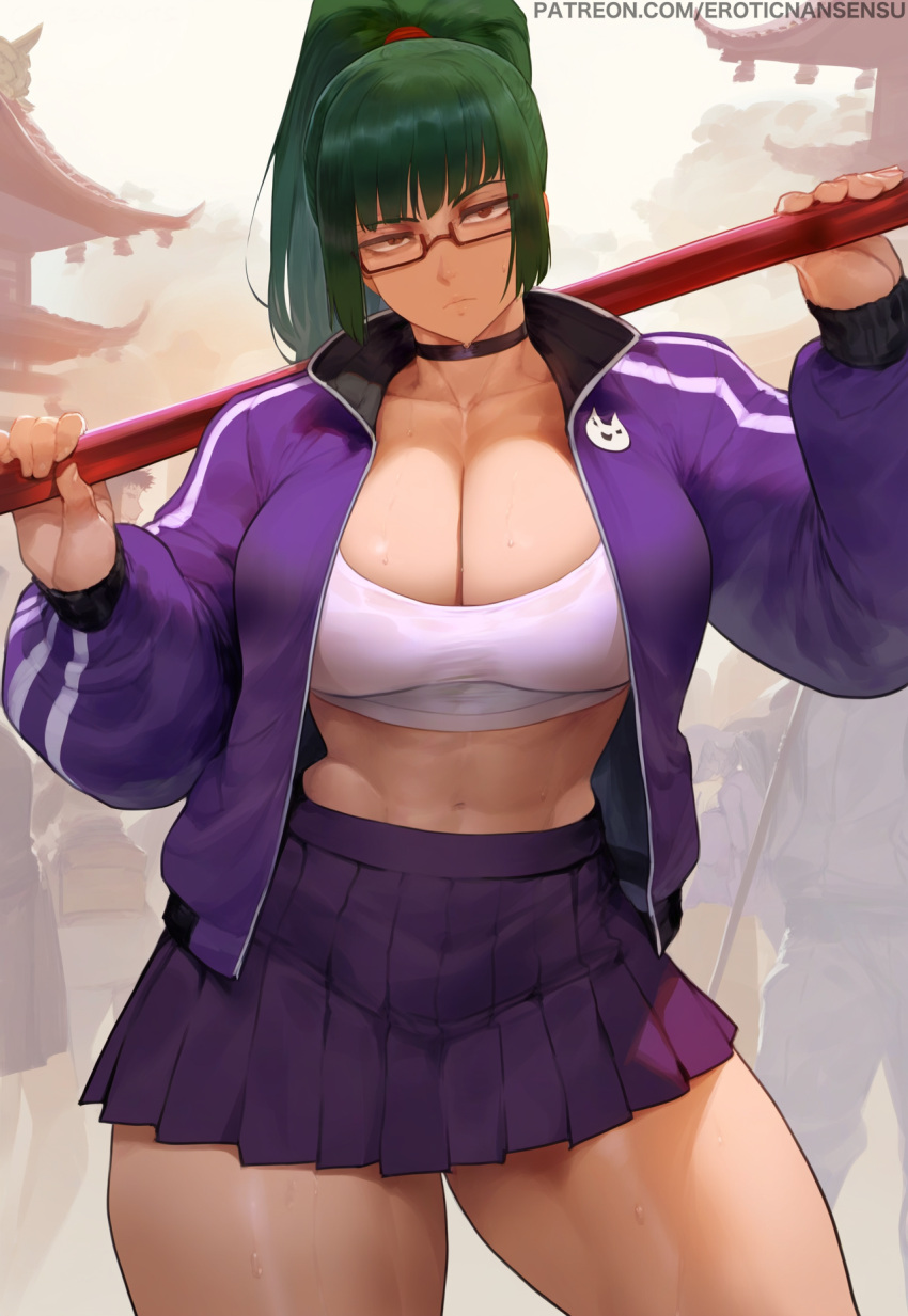 ai_assisted ai_generated bangs big_breasts choker cleavage erotic_nansensu glasses green_hair jujutsu_kaisen midriff miniskirt open_jacket pleated_skirt school_uniform sports_bra teenager thick_thighs track_jacket weapon_over_shoulder wip zenin_maki