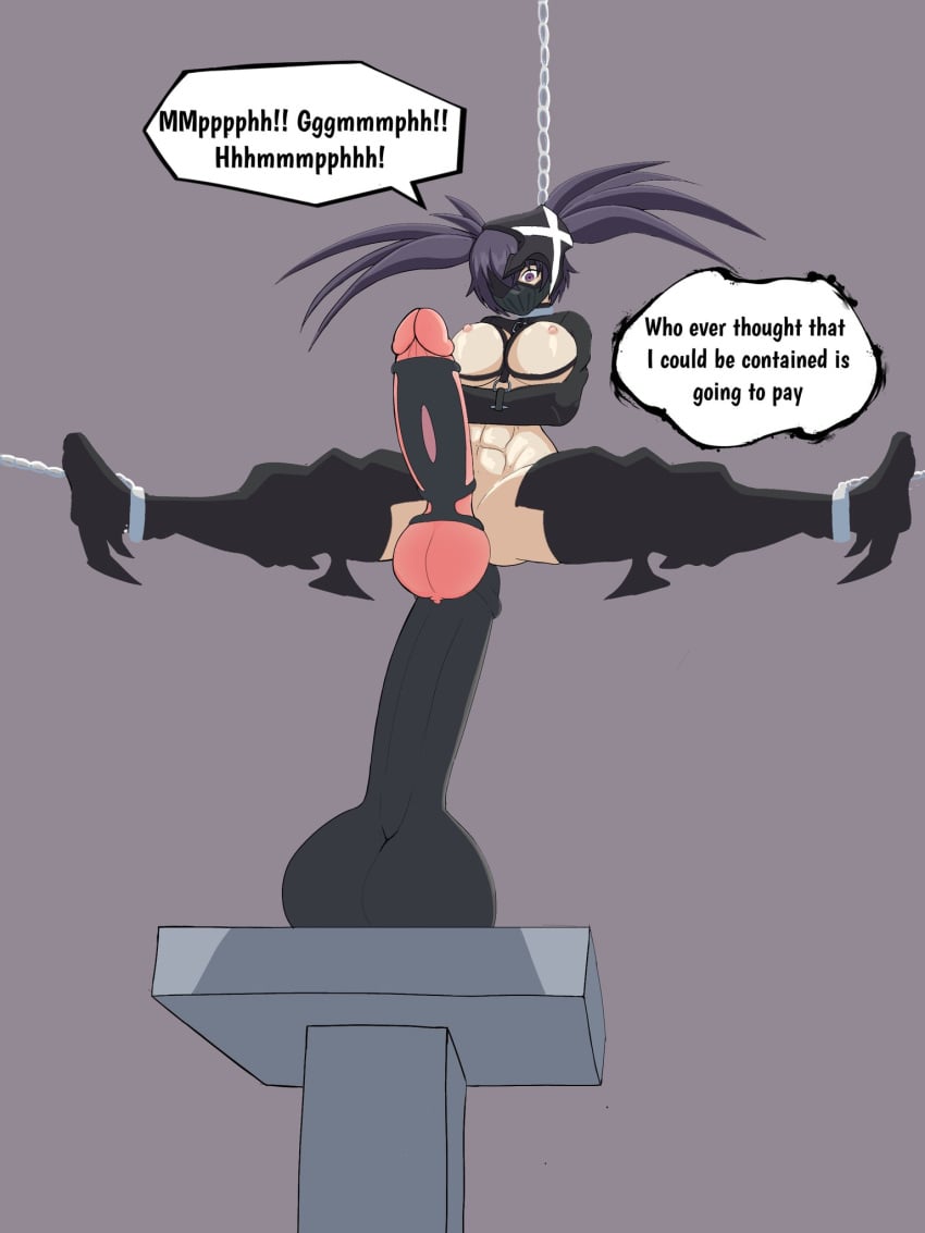 black_rock_shooter chained_up dialogue dildo_in_ass forced_spreading_legs futanari gagged insane_black_rock_shooter judas_cradle masculine masked_futa muscular_futanari purple_eyes red_penis restrained straitjacket thought_bubble tooniel vibrator_on_penis