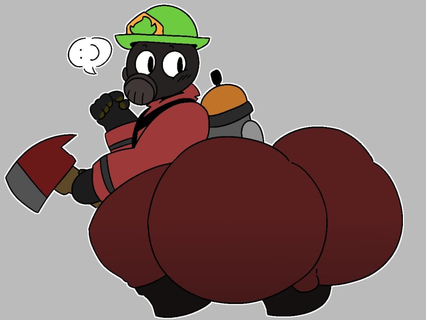 1boy 2025 :) air_tank alternate_version_at_source alternate_version_available ass ass_focus balls balls_bulge beetlebot big_ass big_butt black_pupils blush blush_lines fire_axe gay green_hat grey_background happy holding_object looking_back male male_only pyro pyro_(team_fortress_2) smile solid_color_background solo solo_male speech_bubble tagme team_fortress_2 tf2 valve white_eyes