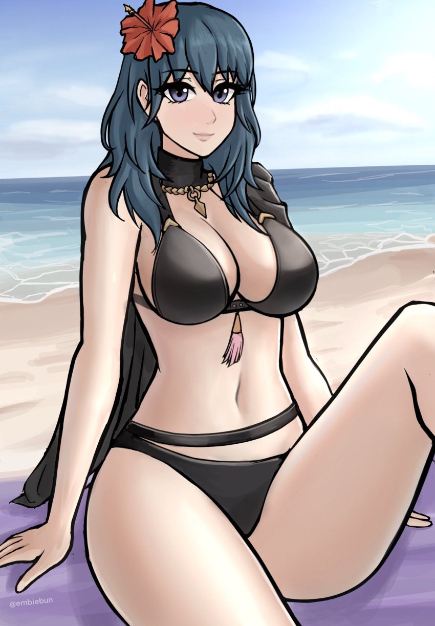 alternate_costume bikini black_bikini black_swimsuit blue_eyes breasts byleth_(female)_(summer)_(fire_emblem) byleth_(fire_emblem) byleth_(fire_emblem)_(female) embiebun female female_only fire_emblem fire_emblem:_three_houses fire_emblem_heroes nintendo official_alternate_costume solo swimsuit teal_hair