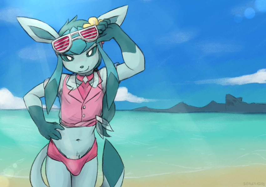 anthro anthrofied beach beach_style_glaceon biped blue_body blue_fur blue_sclera bulge clothing day detailed_background eeveelution erection erection_under_clothing eyewear eyewear_on_head front_view fur generation_4_pokemon genitals glaceon glasses glasses_on_head hand_on_hip hi_res holowear_(pokemon) looking_at_viewer male midriff navel nintendo outside penis penis_base pokemon pokemon_(species) pokemon_unite pokemorph sand sea sealer4258 smile solo water white_eyes