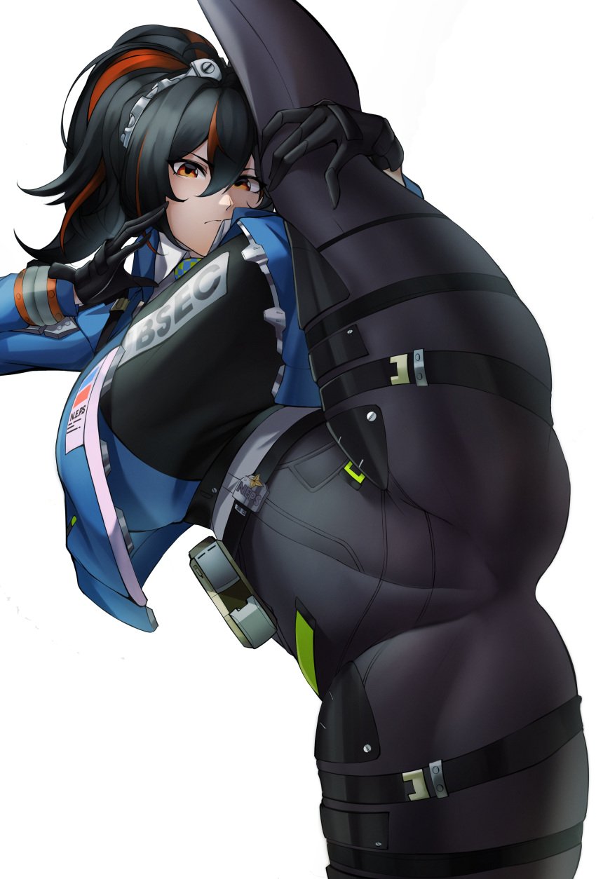 absurdres black_hair black_pants black_shirt blue_jacket breasts clothes_writing female highres jacket large_breasts leg_up long_sleeves multicolored_hair orange_eyes pants ponytail red_hair shirt simple_background solo split standing standing_on_one_leg standing_split streaked_hair thigh_strap thighs white_background z_enatsu zenless_zone_zero zhu_yuan