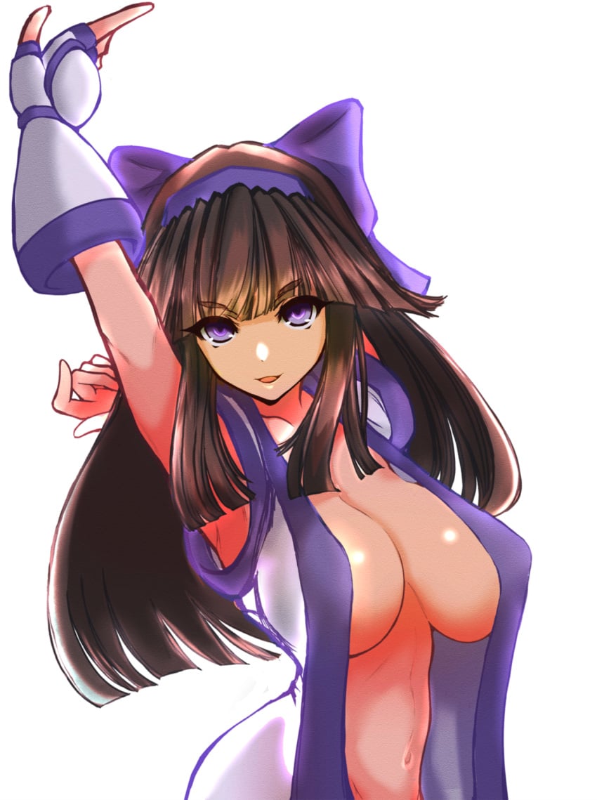 1girls ainu_clothes alternate_breast_size armpits arms_behind_head big_breasts breasts brown_hair busty cleavage curvy female female_only fingerless_gloves gloves hair_ribbon half-closed_eyes highres large_breasts legs long_hair looking_at_viewer murasaki_nakoruru naughty_face navel no_bra no_panties open_clothes open_mouth pose posing purple_eyes ribbon samurai_shodown sensual smile snk solo sweat thighs voluptuous