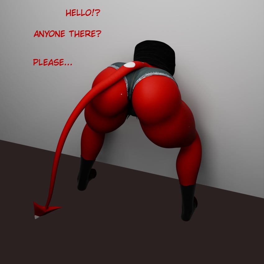 3d booty_shorts curvaceous curvy fat_ass female helluva_boss heperson imp millie_(helluva_boss) shorts shortstack squatting stuck stuck_in_wall thick_ass thick_thighs thighs through_wall voluptuous