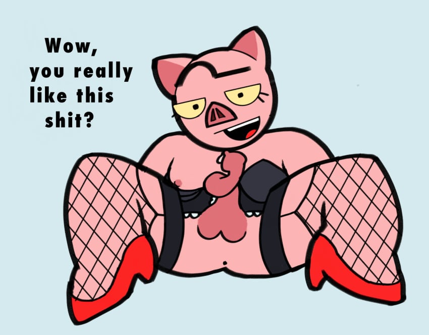 1boy degradation degradation_text drag drag_queen drawn_together femboy fishnet_legwear fishnets furry heels male_nipples pig slutty_outfit spanky_ham weird_penis