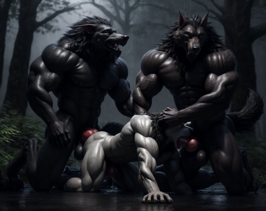 ai_generated anal anal_sex canine canine_genitalia canine_penis cum cum_in_ass cum_in_mouth cumshot digitigrade duo forest furry gay huge_knot knot male_on_male multiple_males muscular_male oral oral_sex orgy orgy_sex rain raining realistic solo werewolf werewolves wolf