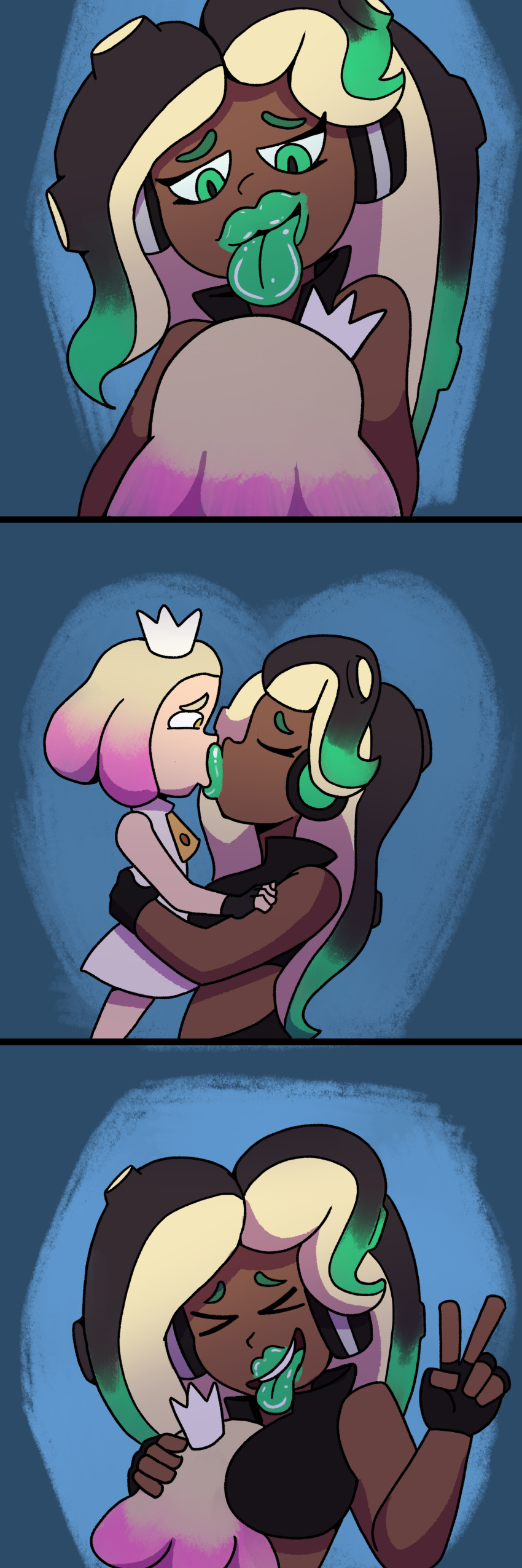 2girls closed_eyes eyebrows face_to_breasts fingerless_gloves forced_kiss forced_kissing green_eyebrows green_eyes green_lipstick green_tongue hand_behind_head headphones inkling kissing lifting_person lipstick marina_(splatoon) nintendo octoling_girl peace_sign pearl_(splatoon) shippart splatoon tentacle tentacle_hair tongue tongue_out two_tone_hair yellow_eyes yuri