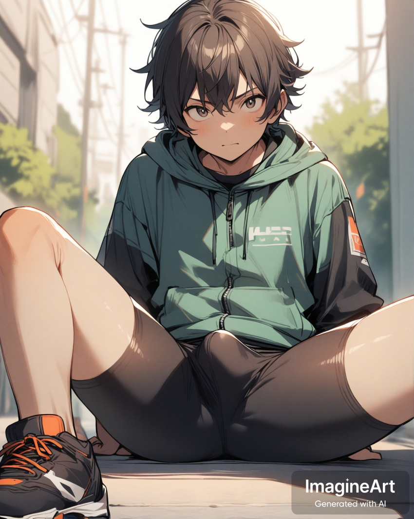 1boy ai_generated bike_shorts blush bulge erection_under_clothes green_jacket shoes