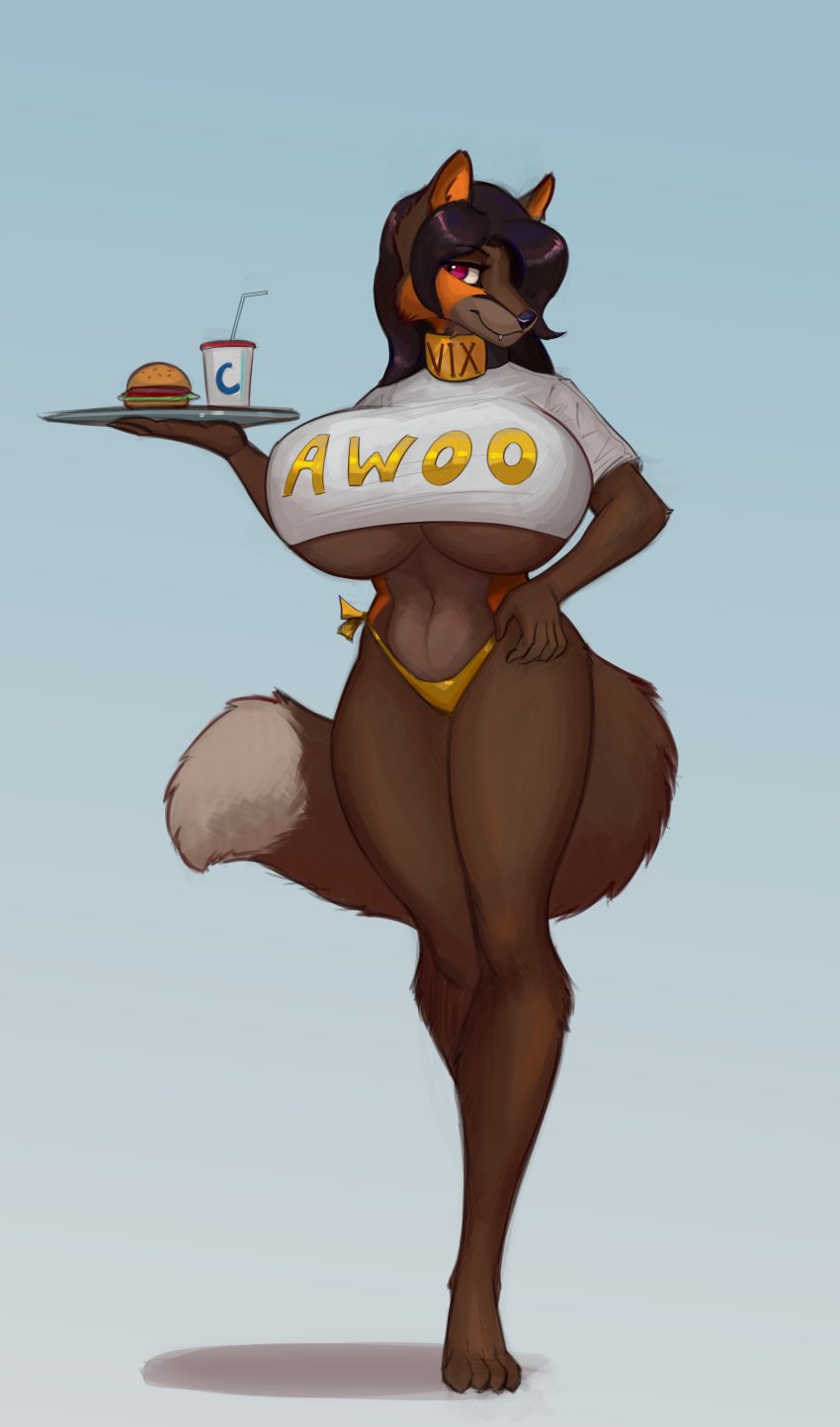 absurd_res anthro awoos_diner beverage big_breasts bikini bikini_bottom breasts brown_body brown_fur brown_hair burger canid canine clothing collar conditional_dnp cross_fox devildjmachine female food fox fur gold_bikini hair hi_res holding_plate huge_breasts mammal maple_cross_(devildjmachine) mortarionlordofdeath orange_body orange_fur red_eyes red_fox shirt smile solo swimwear t-shirt topwear true_fox two-piece_swimsuit under_boob