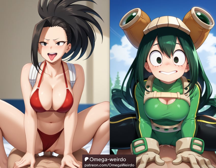 2girls ai_generated asui_tsuyu big_breasts bikini black_eyes black_hair bodysuit boku_no_hero_academia cum frog_girl gloves green_eyes green_hair hero_costume long_hair my_hero_academia omega-weirdo patreon ponytail smile straddling tongue tongue_out yaoyorozu_momo