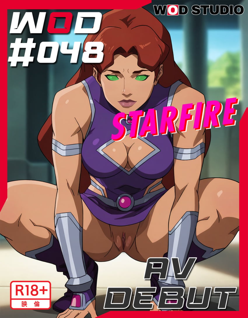 ai-created ai_generated boots breasts brown_hair cleavage cleavage_cutout clothing clothing_cutout colored_sclera dc_comics female female_only footwear green_eyes green_sclera high_resolution justice_league_vs_teen_titans koriand&#039;r large_breasts long_hair looking_at_viewer miniskirt no_panties nopan pussy red_hair solo spread_legs squatting starfire starfire_(dcamu) tamaranean teen_titans text thighs upskirt vagina wodstudio