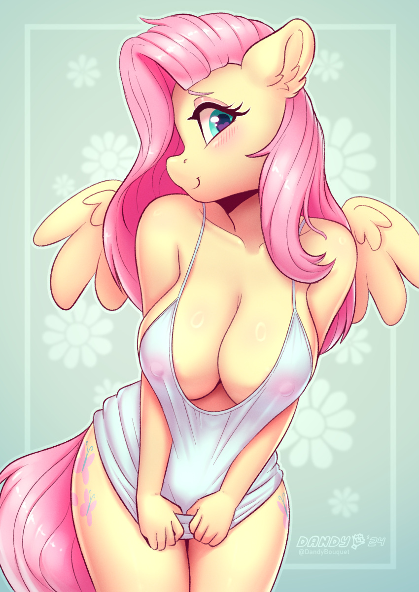 2024 5_fingers absurd_res anthro areola artist_name blush breasts clothed clothing clothing_pull cutie_mark dandy_(artist) digital_media_(artwork) equid equine eyebrows eyelashes female fingers fluttershy_(mlp) friendship_is_magic hair hasbro hi_res inner_ear_fluff long_hair looking_at_viewer mammal my_little_pony mythological_creature mythological_equine mythology nipples pattern_background pegasus pink_hair shirt shirt_pull simple_background smile smiling_at_viewer solo tail teal_eyes topwear topwear_pull translucent translucent_clothing translucent_shirt translucent_topwear tuft wings