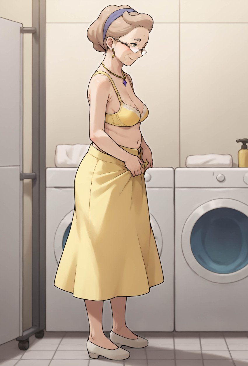 ai_generated bra chubby_belly earrings elderly elderly_female gilf glasses grandmother granny headband hidden_camera magnolia_(pokemon) matronai_(artist) mature mature_female medium_breasts necklace older_female pokemon sagging_breasts shirtless_female solo_female solo_focus spy_camera underwear undressing yellow_bra