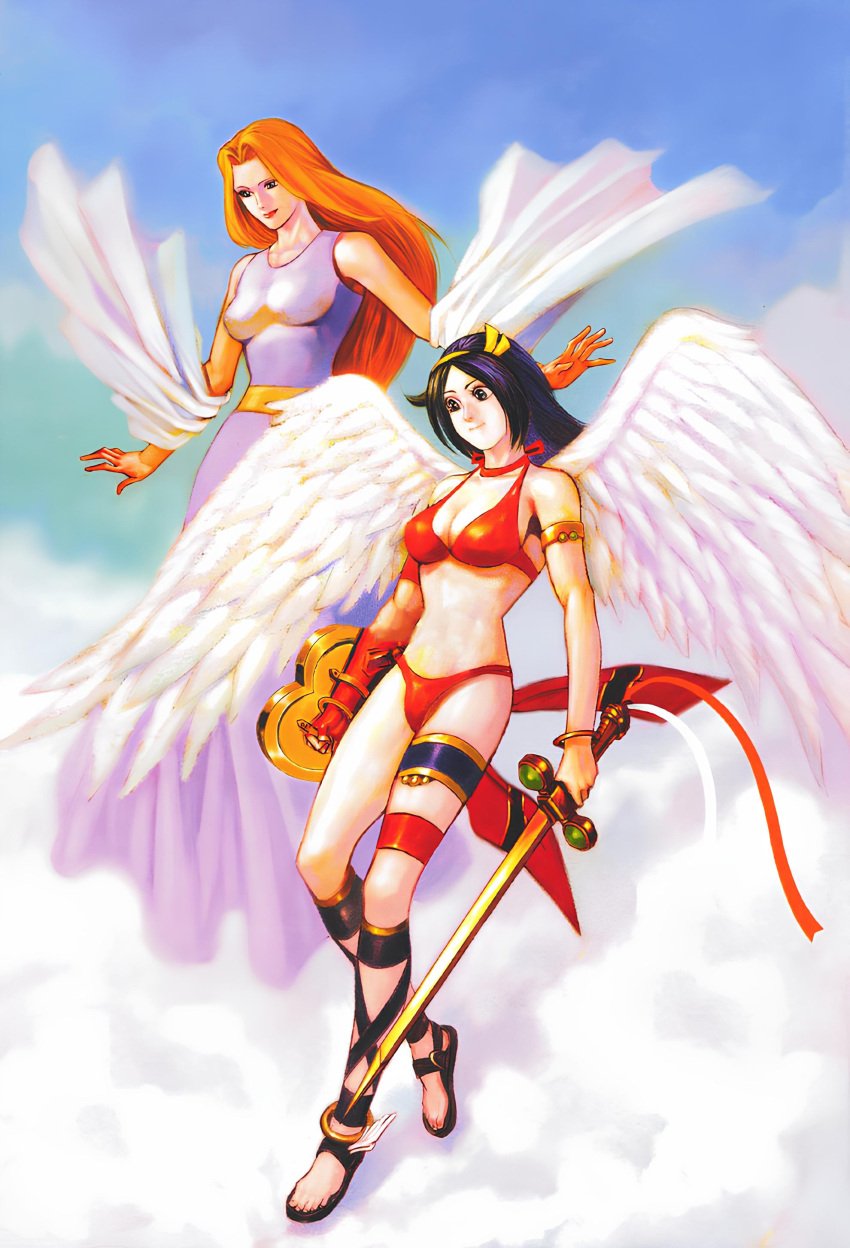 2girls angel_wings athena_(series) big_breasts bikini breasts busty cleavage dress feet female female_only heaven highres large_breasts legs long_hair multiple_girls navel official_art princess_athena purple_eyes purple_hair red_bikini red_lips shield snk solo swimsuit sword thighs voluptuous weapon wings