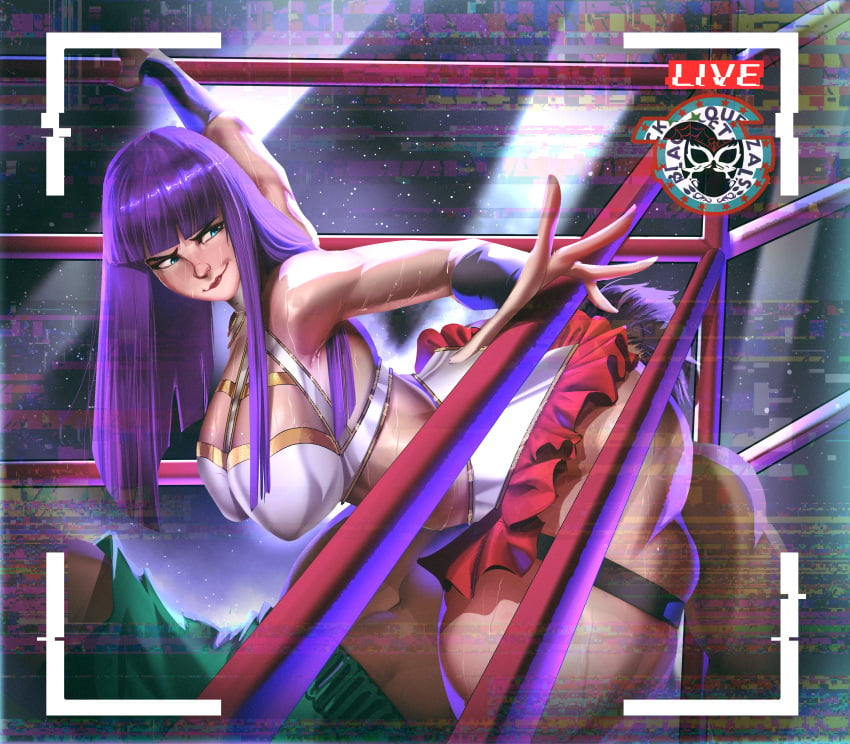 1boy1girl 1girl1boy anonymous_male armpits blue_eyes broadcast camera_view commission commission_art commissioner_upload face_in_ass fate/grand_order fate_(series) femdom huge_ass huge_breasts lipstick live_feed livestream long_hair luchador_mask muscular muscular_male purple_hair sadistic_smile saint_martha short_hair skindentation smirk smirking static stinkface sweat sweating sweating_female sweating_profusely sweaty swimming_trunks tagme thigh_strap vestavice wrestling wrestling_outfit wrestling_ring