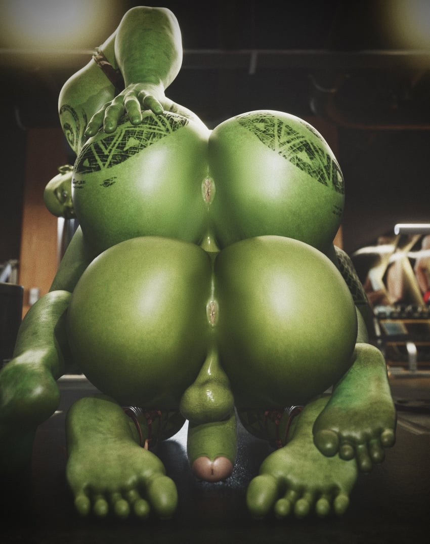 2boys anus ass ass_focus backsack bald balls bara barazoku big_ass big_butt bubble_ass bubble_butt butt_focus dace_renders feet gay grabbing grabbing_ass grabbing_own_ass green_body green_skin hand_on_ass looking_at_viewer looking_back looking_back_at_viewer male male_only muscular muscular_male orc penis rear_view tattoo tattoos