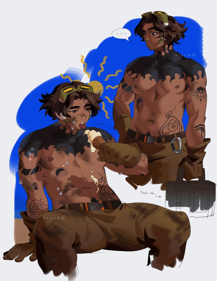 1boy 1boys 1male 1males baggy_pants belt brown_eyes brown_hair brown_skin flat_chest gloves goggles goggles_on_forehead goggles_on_head ice_cream klauw22 licking_ice_cream male male_focus male_only manspreading nipple_piercing nipples overwatch overwatch_2 pants pectorals pierced_nipples piercing short_hair sole_male spread_legs sweat sweatdrop sweating sweaty tan_skin tattoo tattoos thick_eyebrows tongue tongue_out topless venture