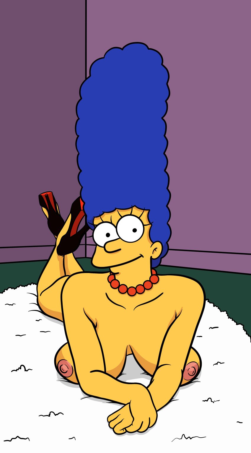 1girls 20th_century_fox 20th_century_studios blue_hair breasts carpet female female_only high_heels human indoors legs_up lockandlewd looking_at_viewer marge_simpson milf necklace nipples nude nude_female solo solo_female the_simpsons white_carpet yellow_skin