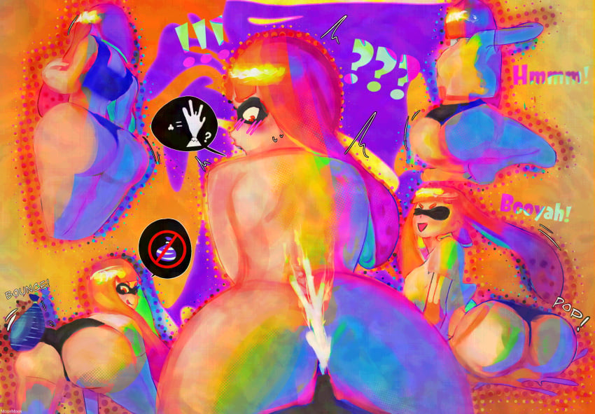 1boy 1girls after_orgasm after_sex anon anonymous_character anonymous_male artist_name artist_request artist_signature ass ass_focus background blush blush_lines cum cum_in_air grey_body inkling_girl multiple_views nintendo orange_hair pov semen_on_upper_body shocked shocked_expression signature small_cock small_dick small_penis splatoon splatoon_(series) text