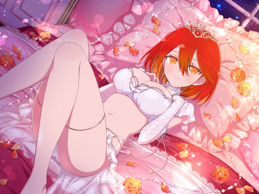 ass_visible_through_thighs bare_belly bare_legs bare_thighs barefoot bed bed_sheet belly_button big_breasts blush body_blush bra breasts bride choker cleavage closed_mouth detached_sleeves feet_out_of_frame flower kureha_(senran_kagura) lace-trimmed_sleeves lingerie lying marvelous official_art orange_eyes panties petals red_hair senran_kagura senran_kagura_new_link shiny_skin short_hair smile thick_thighs thigh_strap tiara underwear wedding_lingerie white_bra white_panties yaegashi_nan