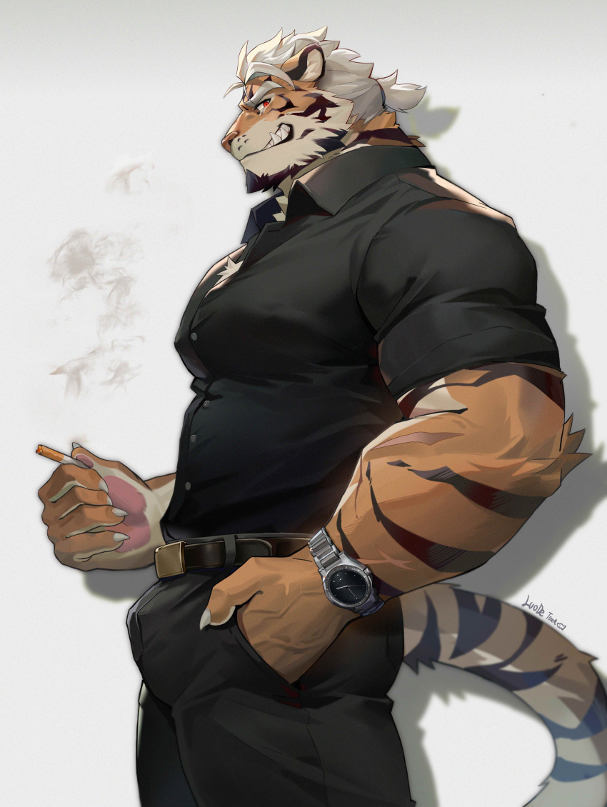 absurd_res belt bottomwear bulge cigarette clothing digital_drawing_(artwork) digital_media_(artwork) felid fur hair hand_in_pocket hi_res luodejun male mammal mature_male pantherine pants pockets red_eyes shirt simple_background smile smoke solo standing tail tiger topwear white_background