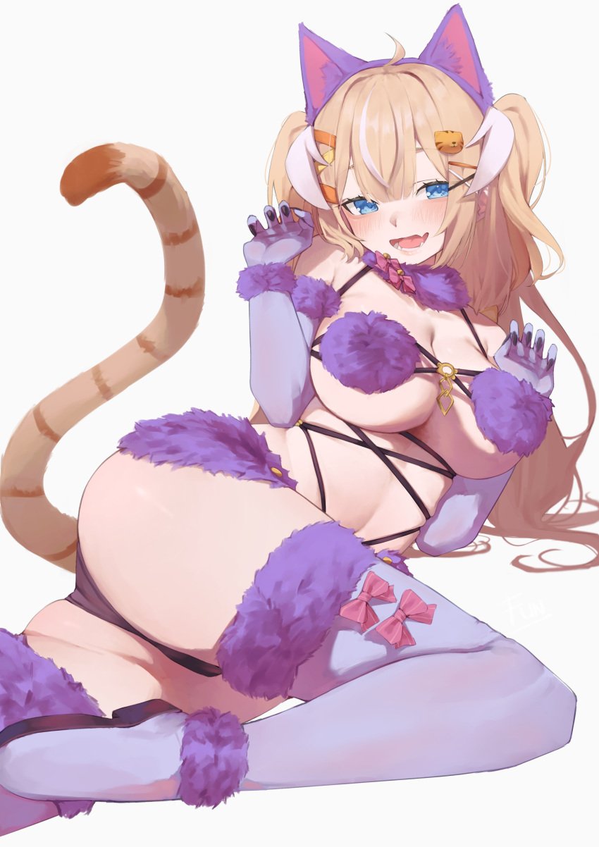 1girls blonde_hair blue_eyes blush breasts cosplay dangerous_beast fake_animal_ears fake_cat_ears fangs female female_only fur_bikini gloves hair_ornament huge_breasts idol-en idol_corp idol_encore light-skinned_female light_skin mash_kyrielight_(dangerous_beast)_(cosplay) open_mouth purple_gloves shabel_tonya solo tail theflatfacadeds tiger_ears tiger_girl tiger_tail virtual_youtuber wolf_costume