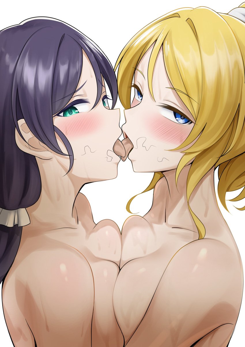 2girls absurdres after_fellatio ayase_eli bisexual_female blonde_hair blue_eyes blush bow breast_press breasts cleavage french_kiss highres implied_fellatio kissing large_breasts limelam06 long_hair looking_at_viewer love_live! love_live!_school_idol_project male_pubic_hair multiple_girls nipple-to-nipple nude open_mouth ponytail pubic_hair purple_hair scrunchie stray_pubic_hair sweat symmetrical_docking toujou_nozomi twintails white_scrunchie yuri