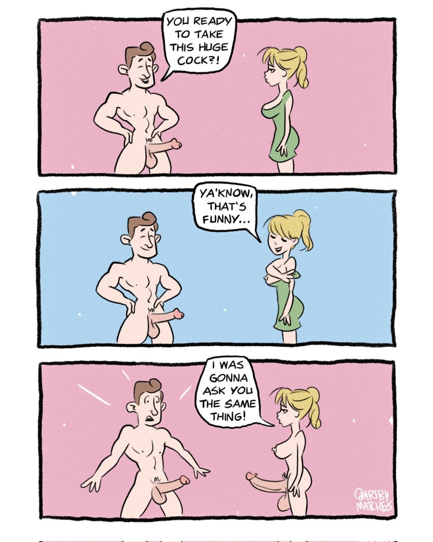 artbymatches big_penis blonde_hair buff_male dialogue dress erection futa_is_bigger futanari hyper_balls hyper_genitalia hyper_penis looking_at_penis lowres male penis_awe penis_comparison penis_size_difference slim_waist smaller_futanari stripping