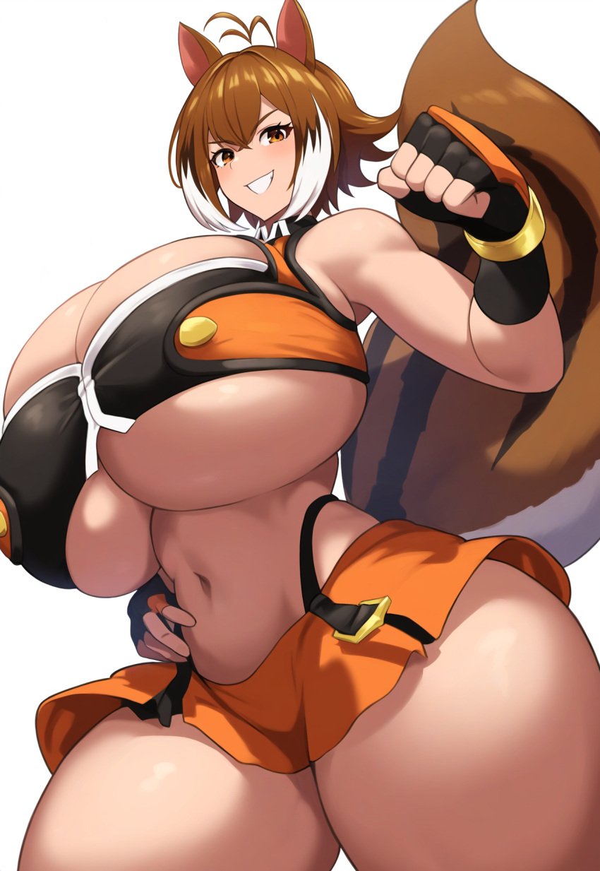 1girls ai_generated big_breasts blazblue breasts brown_hair curvy huge_breasts large_breasts looking_at_viewer makoto_nanaya midriff nai_diffusion navel skirt smile solo squirrel_ears squirrel_girl squirrel_tail stable_diffusion thick_thighs thighs tight_clothing underboob white_background