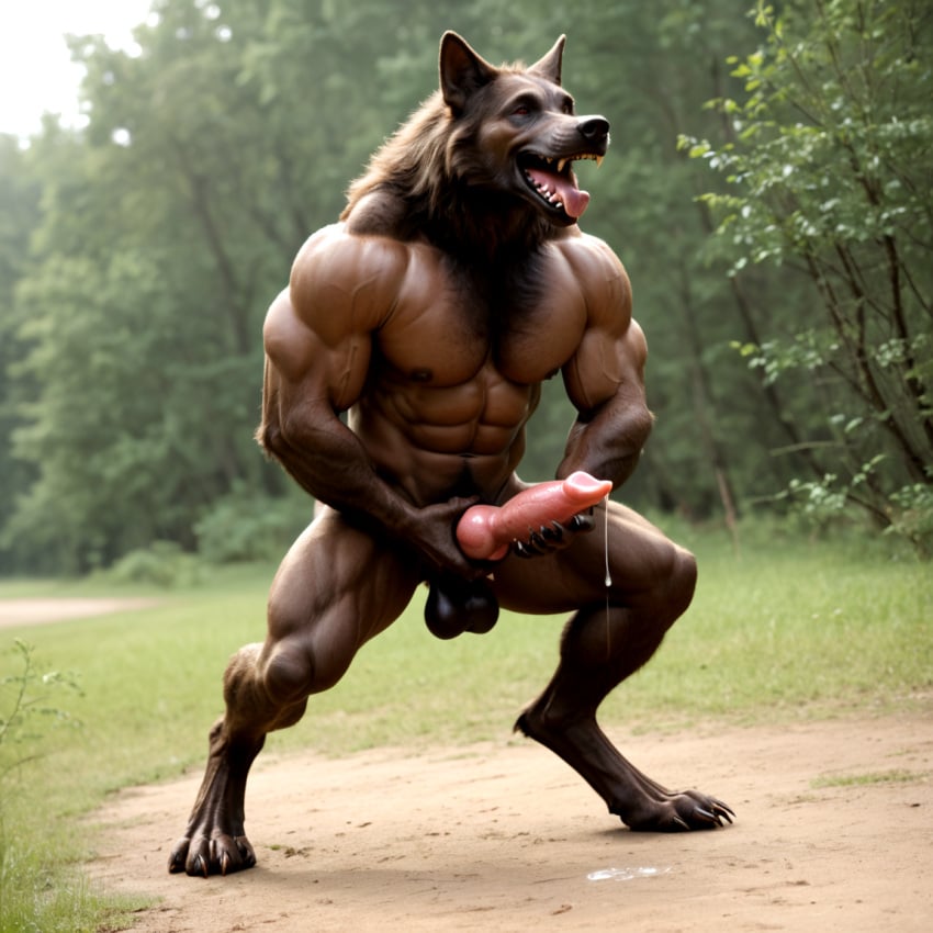 ai_generated black_fur brown_skin canine cum cumming cumshot furry jerk_off knot male masturbation muscular_male panting photorealistic realistic solo werewolf wolf