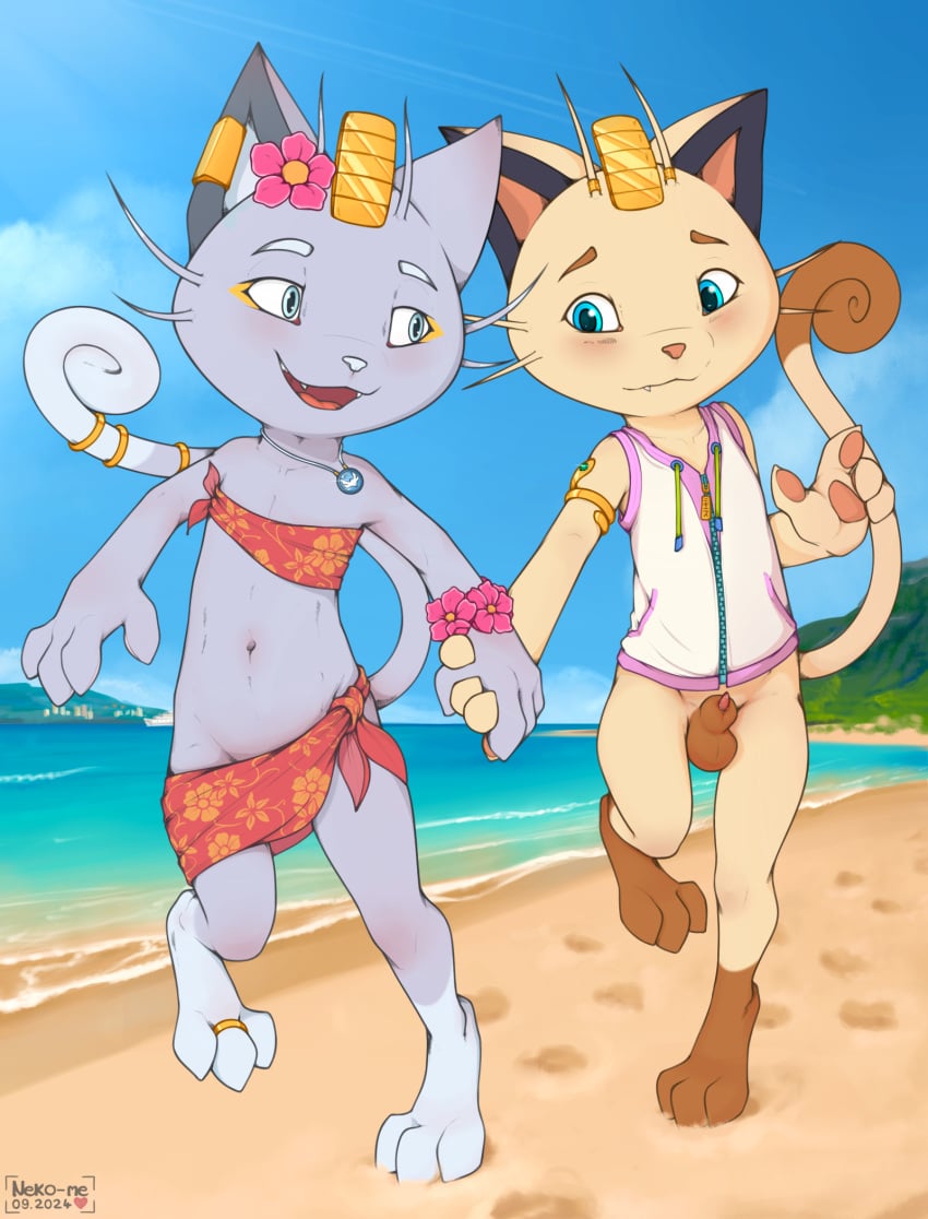 3_fingers 3_toes accessory alolan_form alolan_meowth animal_genitalia anthro arm_jewelry armless_hoodie armlet artist_logo artist_name balls bangle beach blue_eyes blush boat brown_body brown_feet brown_fur brown_genitals brown_tail_tip cat_nose clear_sky clothing cruise_ship curled_tail curled_tailtip digit_ring dipstick_tail drawstring_topwear duo ear_piercing fangs feet femboy fingerpads fingers floral_pattern floral_print flower_accessory flower_bracelet flower_on_head footprint fur furgonomics generation_1_pokemon generation_7_pokemon genitals gold_armlet grey_body grey_fur hand_holding head_jewel hi_res hoodie island jewelry leg_markings lighter_feet lighter_tailtip logo lua_(neko-me) makeup male male/male markings meowth merchant_ship navel necklace neko-me nintendo open_mouth pale_blue_eyes passenger_ship pawpads pawprint pendant penis penis_tip piercing pink_clothing pointy_penis pokemon pokemon_(species) raised_foot red_clothing regional_form_(pokemon) ring sarong sheath ship shoreline signature sky slim small_sheath socks_(marking) solo tail tail_accessory tail_bangle tail_jewelry tail_markings tan_body tan_fur teeth teeth_showing tight_balls toe_ring toepads toes topwear two-piece_outfit vehicle watercraft wearing_flowers whiskers white_clothing zipper zipper_topwear