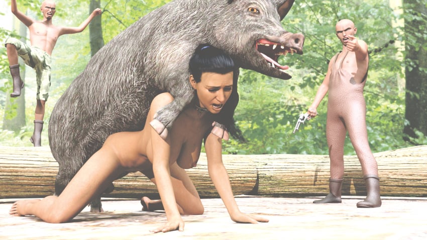 3d afraid animal_genitalia big_breasts black_hair brunette_hair collar degradation doggy_style dominant_feral enslaved forced forest from_behind gun hillbilly humiliation jollybizz katya_sax kidnapped mud naked naked_female outdoors penis pervert pig pistol rape redneck slim_waist story zoophilia