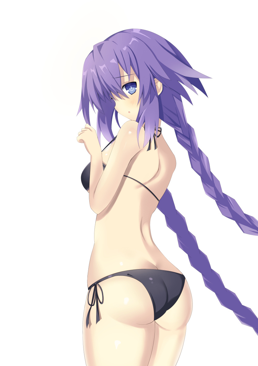 1girls absurdres ass big_ass big_breasts bikini black_bikini blue_eyes braid breasts busty highres large_breasts long_hair looking_at_viewer looking_back neptune_(neptunia) neptunia_(series) open_mouth purple_hair purple_heart_(neptunia) sideboob solo swimsuit twin_braids very_long_hair