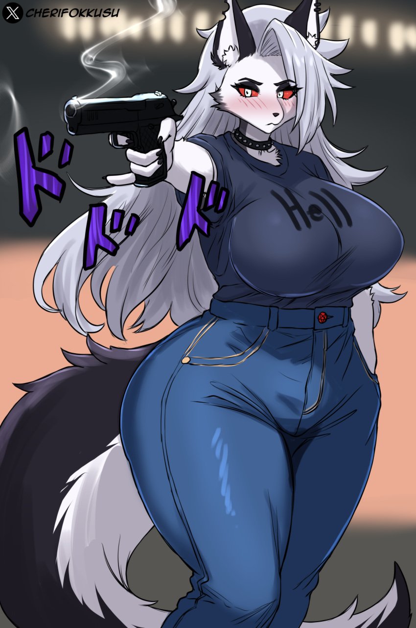 1girls 2024 absurd_res aiming anthro big_breasts blush bottomwear breasts canid canid_demon canine cherifokkusu clothing collar colored_sketch demon denim denim_bottomwear denim_clothing digital_media_(artwork) ear_piercing ear_ring female female_only fluffy fluffy_tail fur grey_hair gun hair hand_in_pocket hellhound helluva_boss holding_gun holding_object holding_ranged_weapon holding_weapon huge_breasts japanese_text jeans jojo's_bizarre_adventure kemono loona_(helluva_boss) mammal meme menacing_(meme) olympics pants paris_2024 piercing pockets pose ranged_weapon red_sclera ring_piercing shirt simple_background sketch smoke smoking_gun solo spiked_collar spikes standing t-shirt tail text topwear weapon yusuf_dikec_(meme)