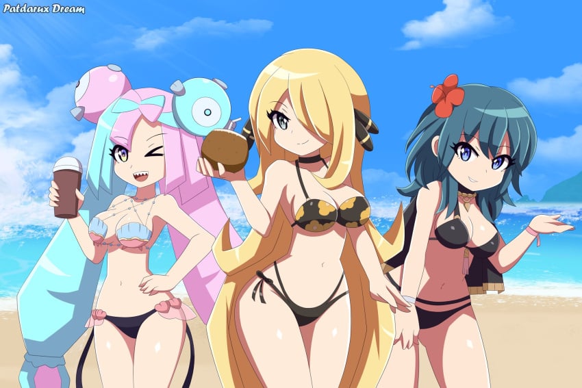 3girls alternate_costume bikini black_bikini black_swimsuit blonde_hair blue_eyes breasts byleth_(female)_(summer)_(fire_emblem) byleth_(fire_emblem) byleth_(fire_emblem)_(female) company_connection crossover cynthia_(pokemon) female female_only fire_emblem fire_emblem:_three_houses fire_emblem_heroes game_freak human iono_(pokemon) jpeg looking_at_viewer nintendo official_alternate_costume outdoors patdarux pokemon pokemon_dppt pokemon_sv swimsuit teal_hair