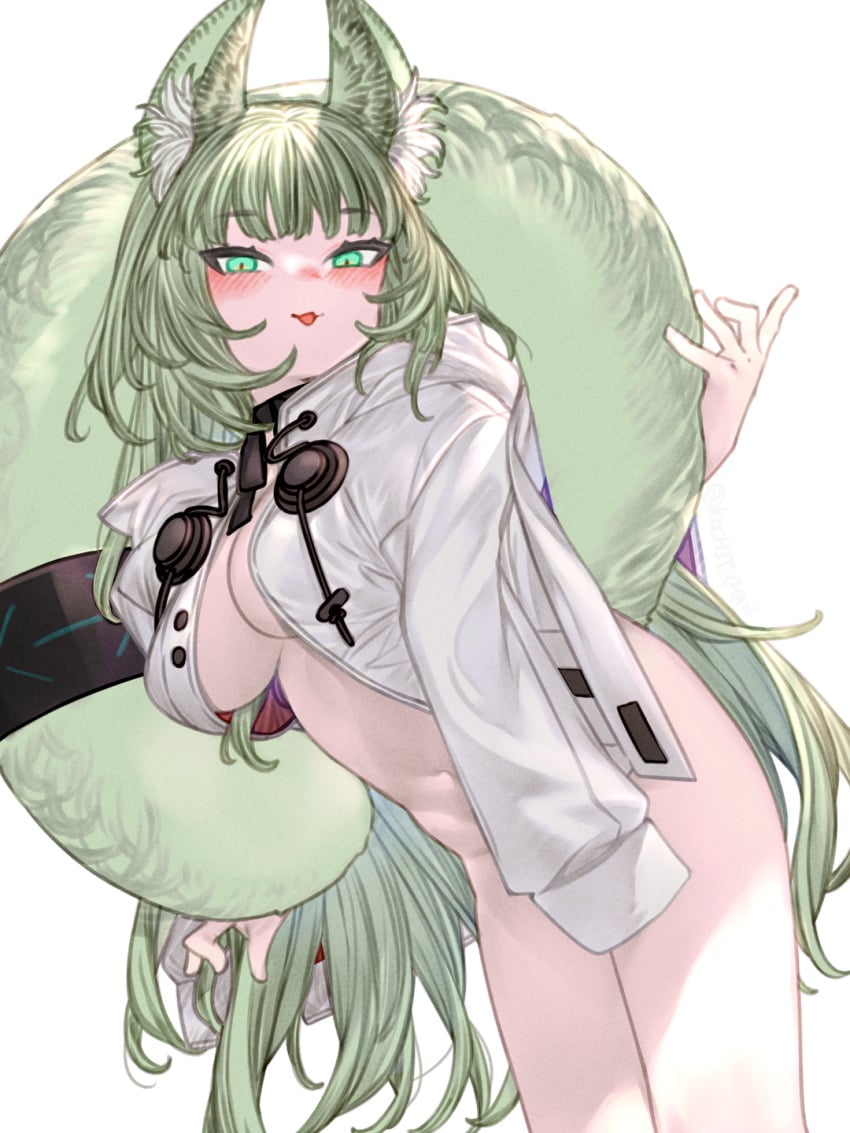 :d animal_ear_fluff animal_ears arknights blush bottomless breasts cleavage female green_eyes green_hair harmonie_(arknights) highres jacket kochiya_(gothope) long_hair looking_at_viewer navel open_mouth simple_background smile solo tail white_background