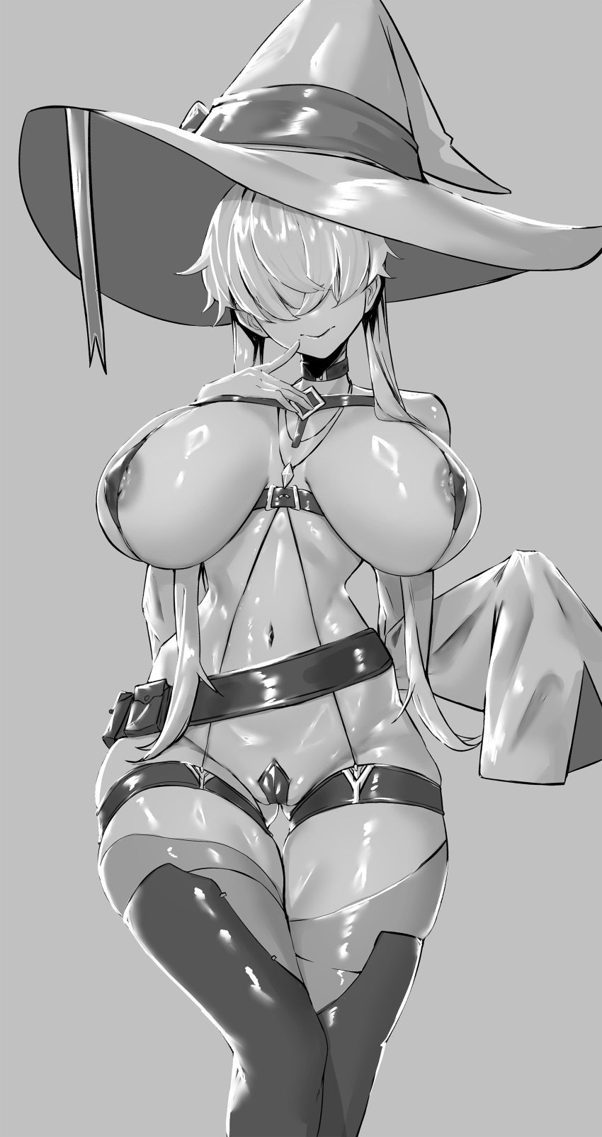 1girls areola_slip areolae bangs barely_clothed belt breasts breasts_apart breasts_bigger_than_head chest_harness choker curvaceous curvy curvy_female harness hat hat_ribbon hourglass_figure hs_mollu huge_breasts inner_sideboob large_breasts long_hair midriff monochrome navel nipples partially_clothed pasties pussy_pasty ribbon simple_background sling_bikini_top slingshot_bikini smile standing thick_thighs thigh_gap thigh_strap thighhighs thighs uncensored wide_hips witch witch_hat