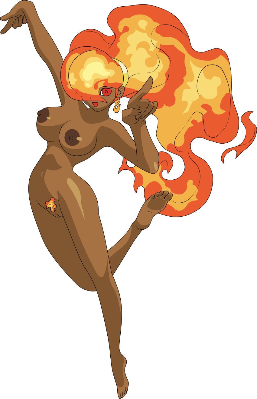 brown_skinned_female dancing dark-skinned_female fire_hair fire_pubic_hair lionprideart nude nude_female pointing pointing_at_viewer power_stone red_eyes red_pupils rouge_(power_stone) transformation transparent_background