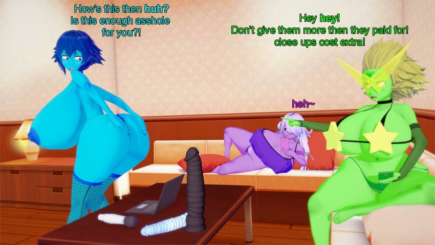 3d 3d_(artwork) 3girls albyon amethyst_(steven_universe) big_breasts blue_body blue_hair breasts cartoon_network dildo english_text female_only gem_(species) green_body lapis_lazuli_(steven_universe) long_hair partially_clothed peridot_(steven_universe) purple_body purple_hair short_hair steven_universe tagme text