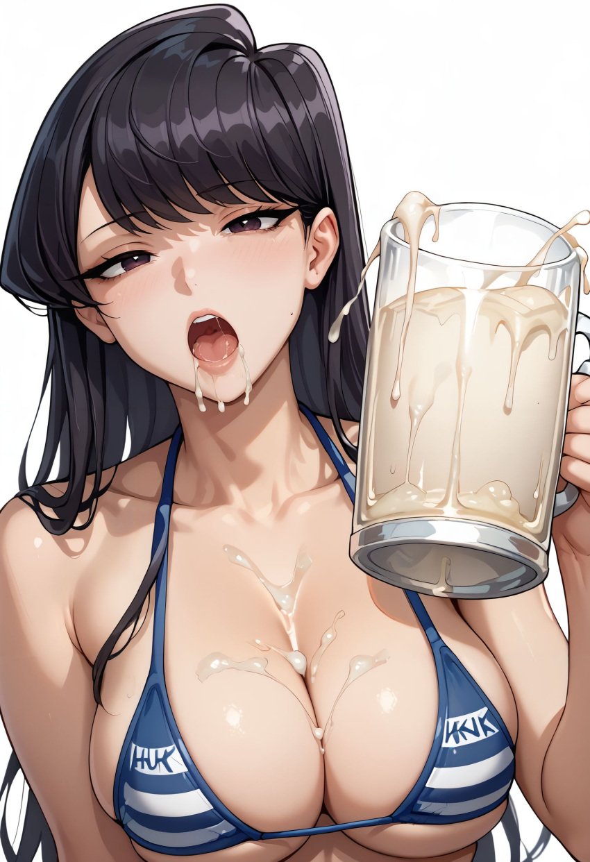 1girls ai_generated civitai cum cum_between_breasts cum_container cum_filled_glass cum_in_glass cum_in_mouth cum_on_breasts cum_on_upper_body drinking_cum female female_focus female_only glass_of_cum goofy_ai komi-san_wa_komyushou_desu komi_shouko open_mouth solo solo_female tagme