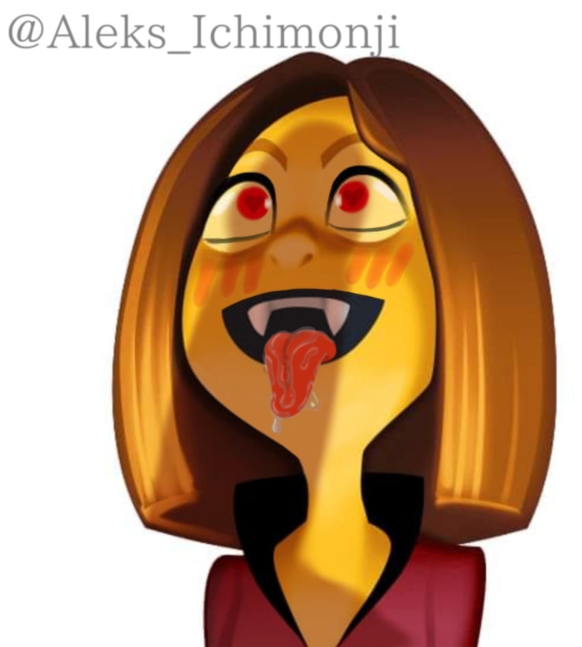 aleks_ichimonji blush brown_hair clothed clothing cock_hungry edit emoji first_porn_of_character heart-shaped_pupils meme penis_shadow red_eyes saliva shadow tagme tagme_(artist) tongue_out vampire vampire_girl vampire_girl_emoji white_background yellow_skin